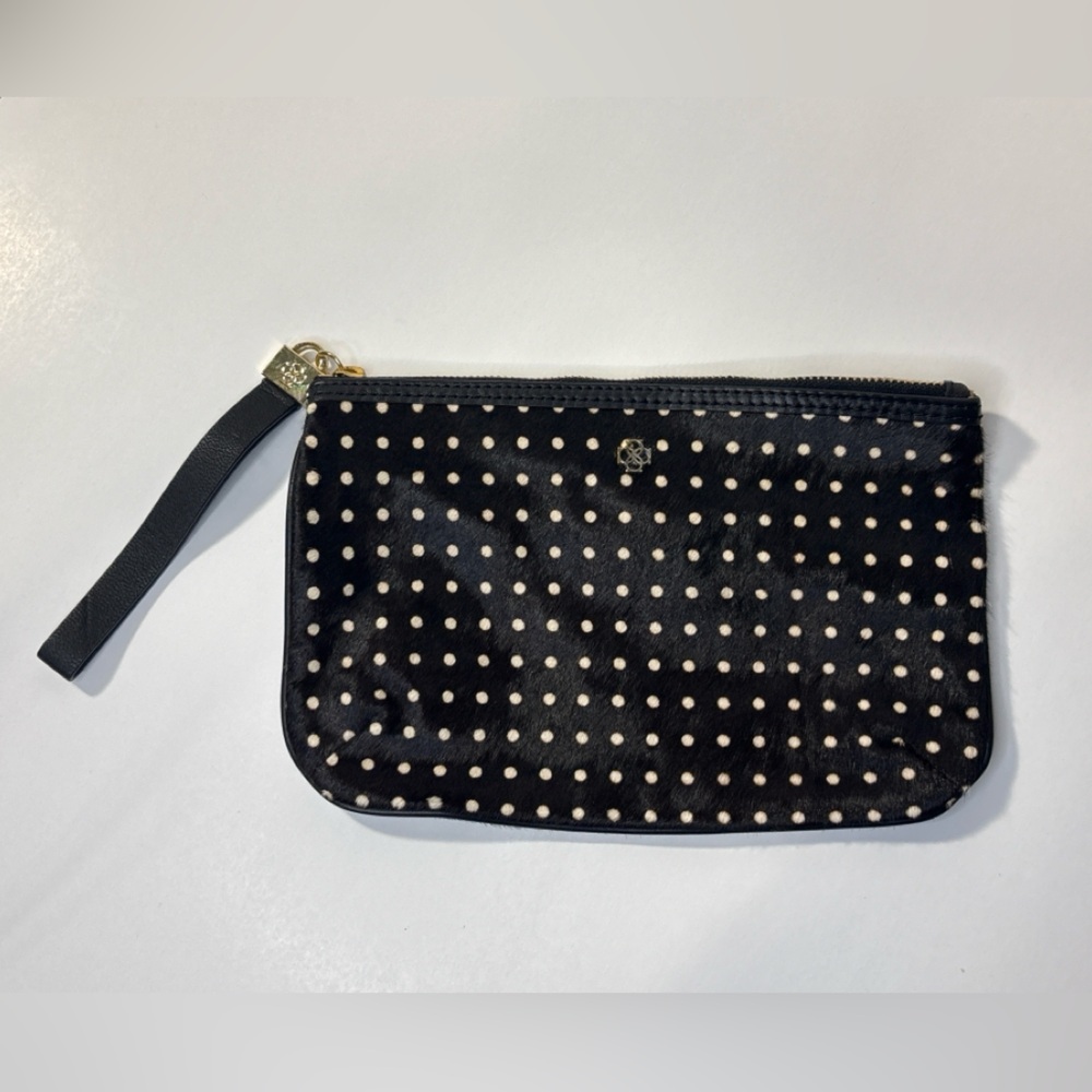 Anne Taylor Black & Cream Polka Dot Calf Hair Wristlet Pouch Gold Zip